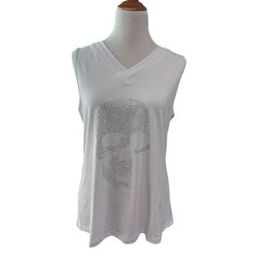 Sleeveless Rhinestone Skull Tank‎ Top V-Neck Casual White Top